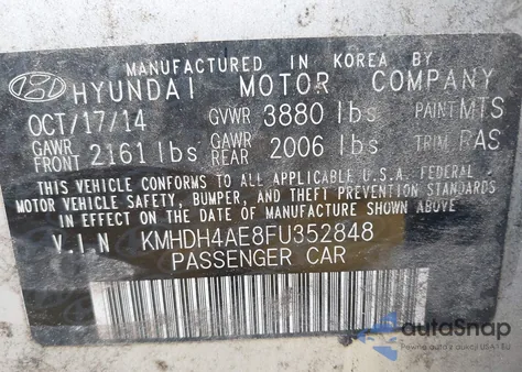 2015 Hyundai Elantra Se from USA, damaged, VIN KMHDH4AE8FU352848